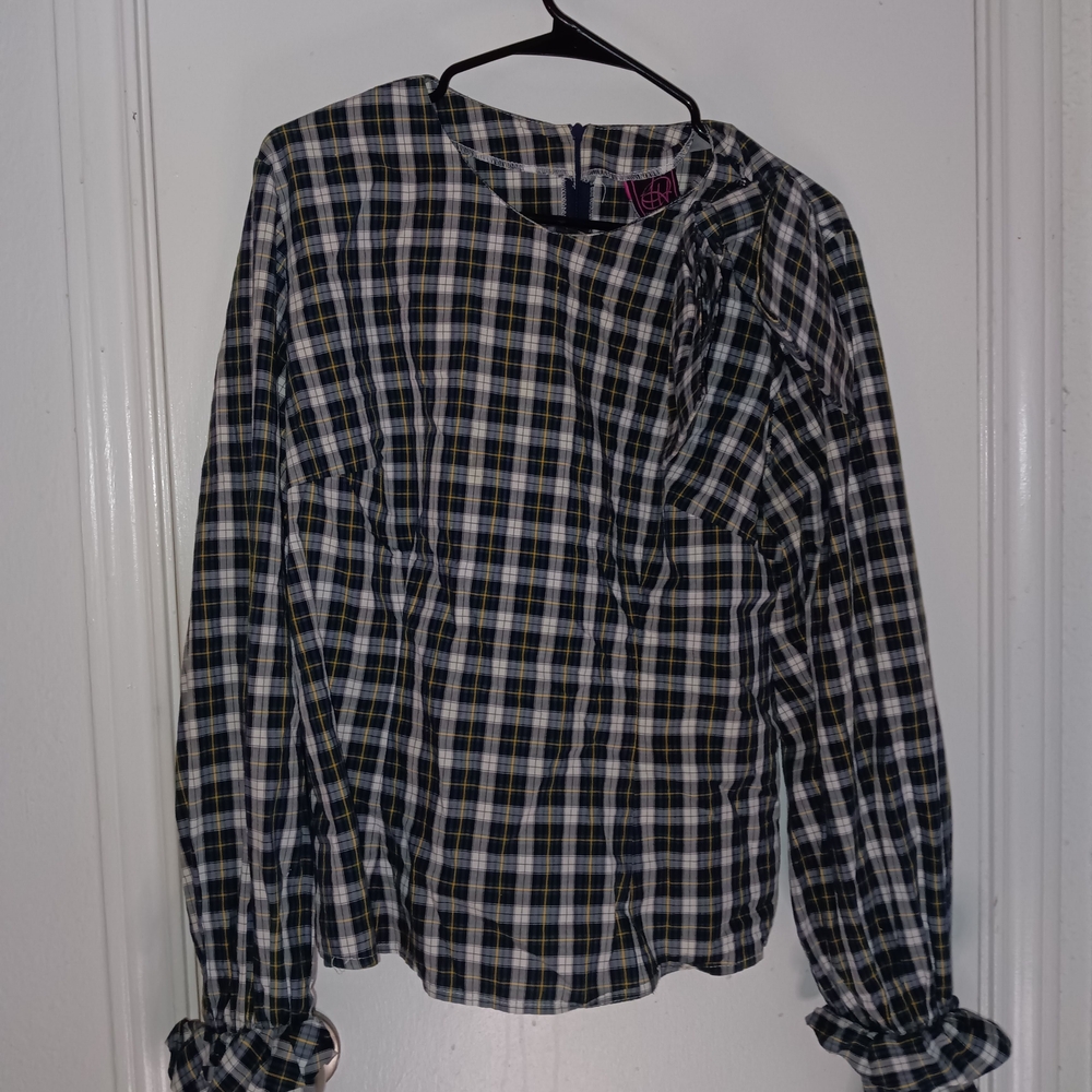 Plaid Long Sleeve Blouse in Black, White & Yellow